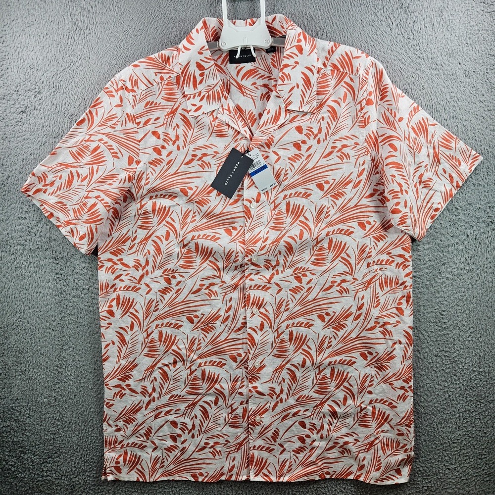 $89 NEW Perry Ellis‎ Summer Shirt Men XLT Linen Leaf Short Sleeve Orange White